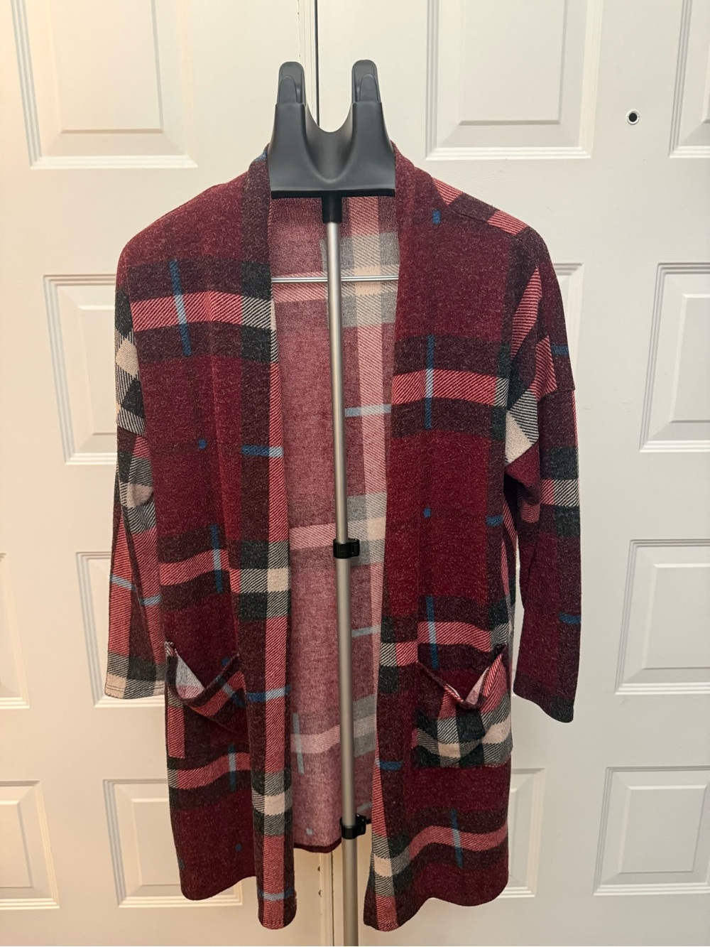 Open-Front Burgundy Plaid Cardigan Sweater